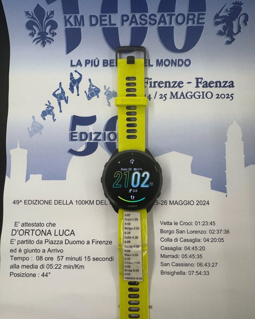 Foto dei tempi effettuati da D'Ortona, inferiori a quelli 'preventivati' dall'atleta e riportati sul cinturino del proprio smartwatch
