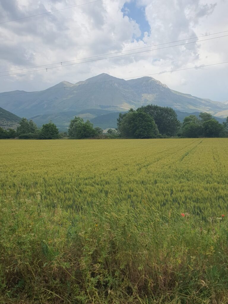 Prato con sfondo montagna durante 'Il Cammino dei Briganti'