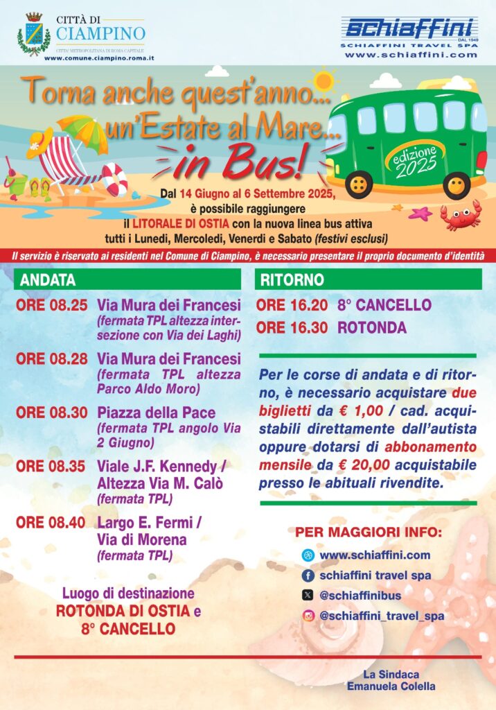 Orari di partenza e ritorno del servizio bus estivo Ciampino-Ostia, attivo dal 14 giugno al 6 settembre.