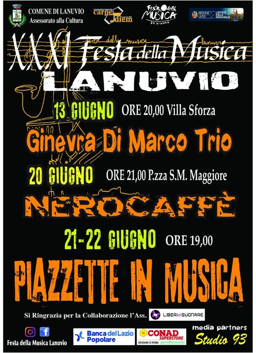 Manifesto ufficiale della Festa della Musica 2025 a Lanuvio con nomi degli artisti e date degli eventi