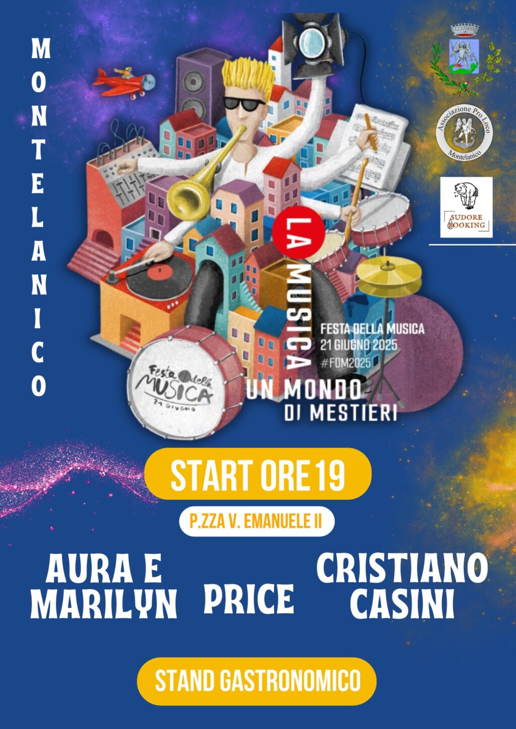 Locandina della Festa della Musica 2025 a Montelanico con artisti e orari dell’evento.