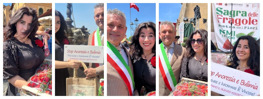 Nadia Accetti consegna il Cestino della Salute al Sindaco Alberto Bertucci durante la Sagra delle Fragole di Nemi