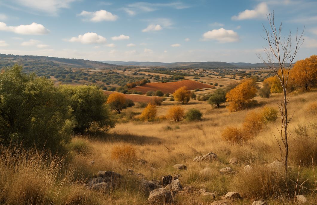 Panorama collinare nel Lazio con vegetazione tipica e campi autunnali