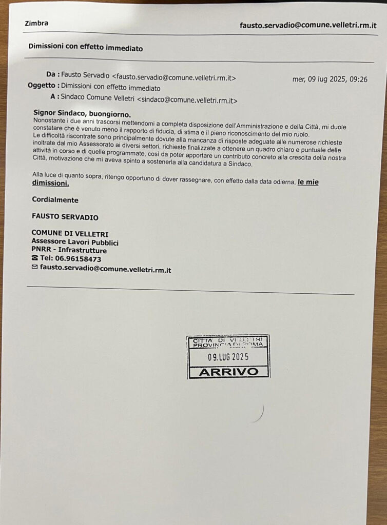 Lettera dimissioni Fausto Servadio