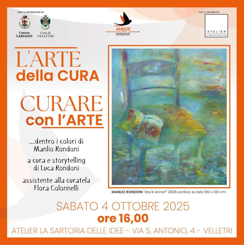 Locandina “L'ARTE della CURA — CURARE con l'ARTE” ANDOS Velletri-Lariano, Atelier La Sartoria delle Idee, 4 ottobre 2025.
