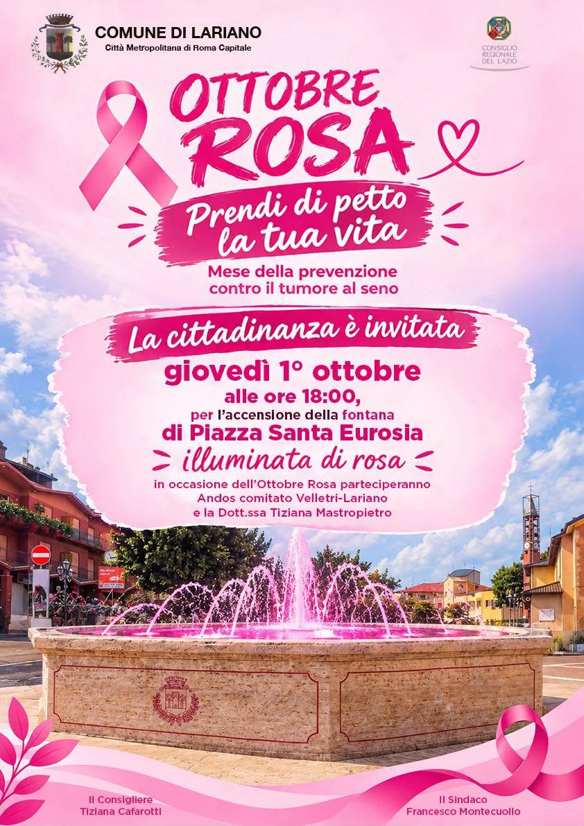 Ottobre Rosa, Lariano si illumina di rosa: il 1° ottobre l’accensione della fontana di piazza Santa Eurosia