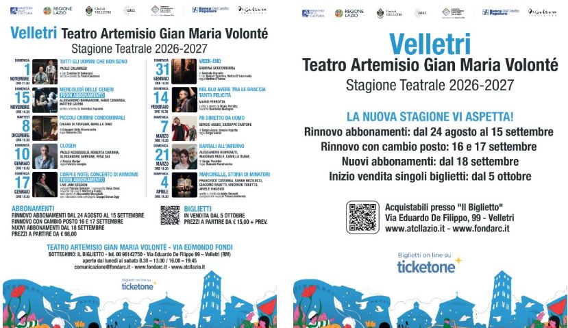 Teatro Artemisio-Volonté Velletri, il cartellone 2026-2027