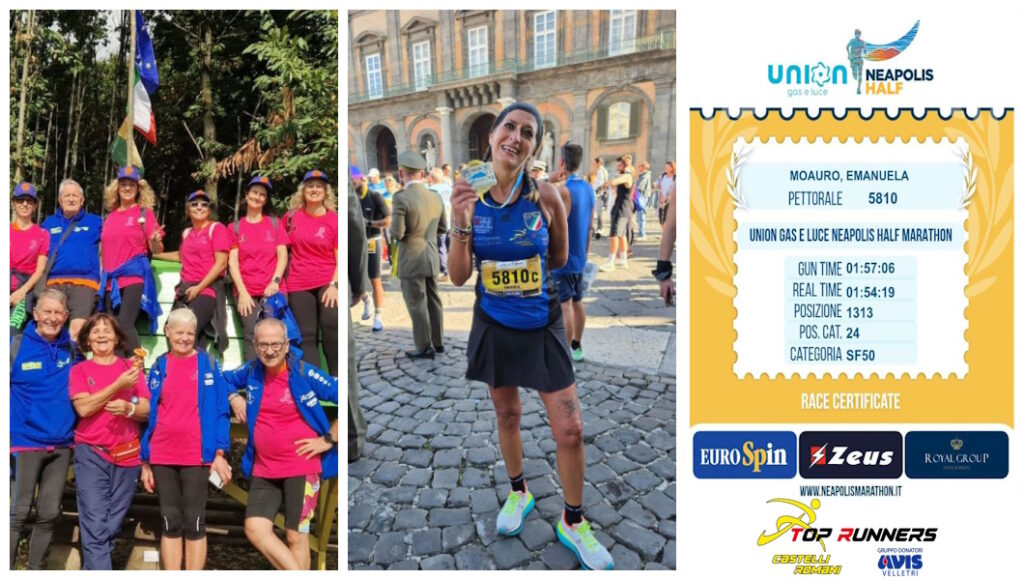Emanuela Moauro dei Top Runners Castelli Romani alla Neapolis Half Marathon e gruppo dei Camminatori all’Ottobrata Rosa di Lariano