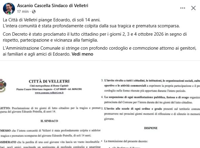 Velletri, lutto cittadino per Edoardo: aveva 14 anni