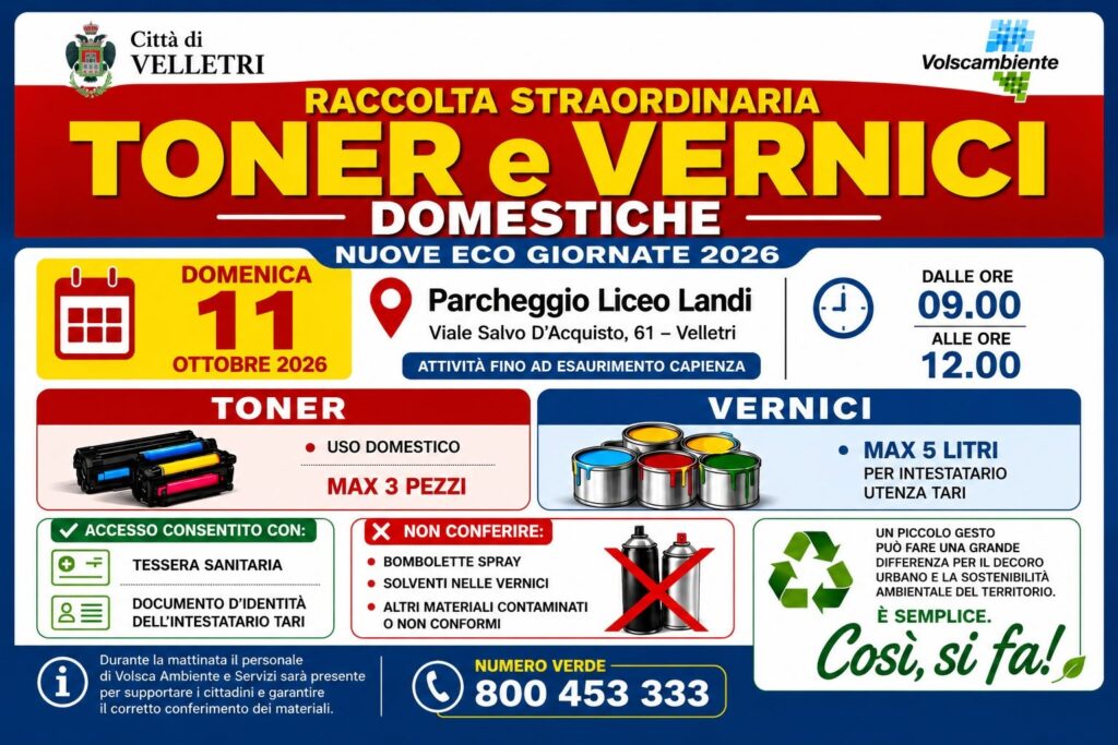 Eco Giornata Volsca Ambiente a Velletri l’11 ottobre: raccolta toner e vernici